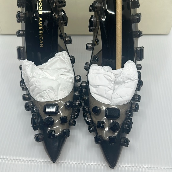 BN IN BOX Good American Light smoke Jeweled Emma Heels Sz 4 - Picture 6 of 9
